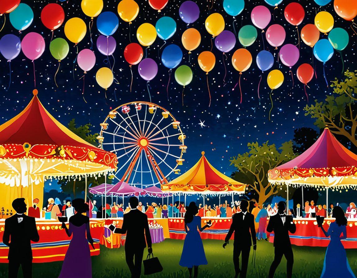 An extravagant adult-themed carnival scene filled with vibrant costumes, playful couples, and tantalizing games. Incorporate a fantasy backdrop of a starry night sky with soft glowing lights, surrounded by lush greenery. Add a whimsical touch with colorful balloons and sensual silhouettes in the foreground, engaging in lighthearted fun. Include hints of indulgent treats like cocktails and desserts. playful art style. vibrant colors. 3D.