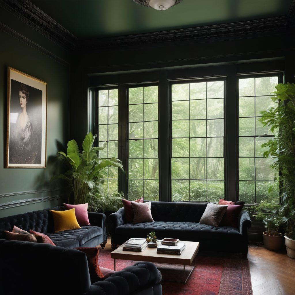 A sultry, dimly lit room with a luxurious velvet couch, adorned with soft pillows, where a vintage film projector casts flickering light on a sensual black-and-white film reel. Silhouettes of entwined lovers adorn the walls, adding to the magical atmosphere. Lush greenery peeks through the open windows, emphasizing a sense of freedom and escapism. The overall vibe is intimate, alluring, and inviting to exploration. super-realistic. vibrant colors. soft focus.